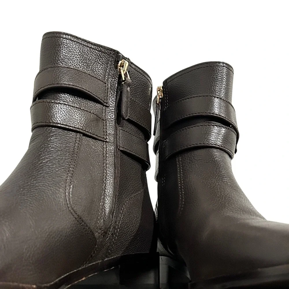 Tory Burch Gemini Gold Link Brown Leather Ankle Boots 8.5 Old Money Quiet Luxury